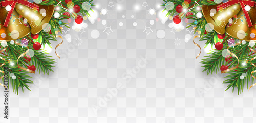 Christmas and Happy New Year decoration with Christmas tree branches, golden bells and holly berries, gold ribbons. Bright border on transparent background. Vector