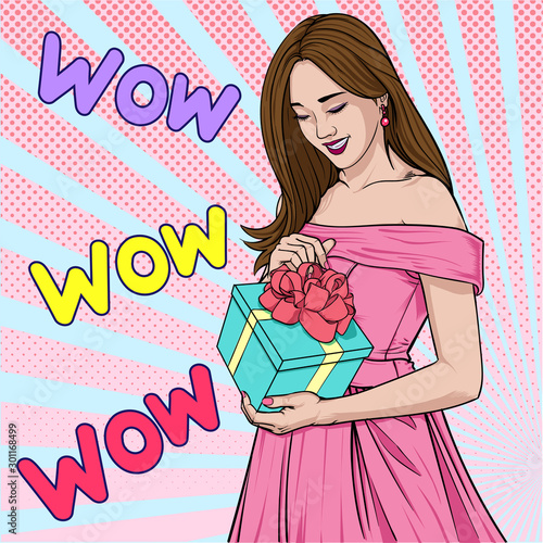 Beautiful girl is happy when receiving a gift Surprised gesture Illustration vector On pop art comics style Abstract dot colorful background