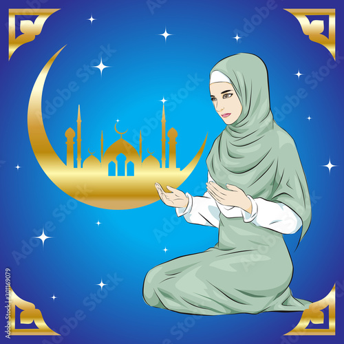 praying religious muslim woman design and mosque decorated background for Islamic Holy Month of Prayers, Ramadan Kareem celebration. vector illustration isolated cartoon hand drawn background
