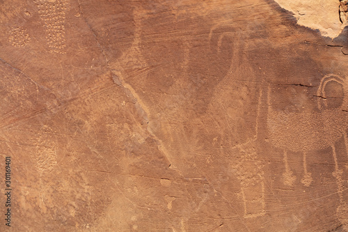 Detail of a part of the petroglyphs incised by the Fremont People in the sandstone rock face at Dinosaur National Monument, Utah