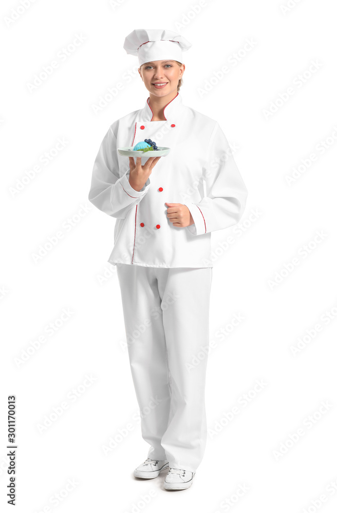 Female confectioner with tasty dessert on white background Female confectioner with tasty dessert on white background