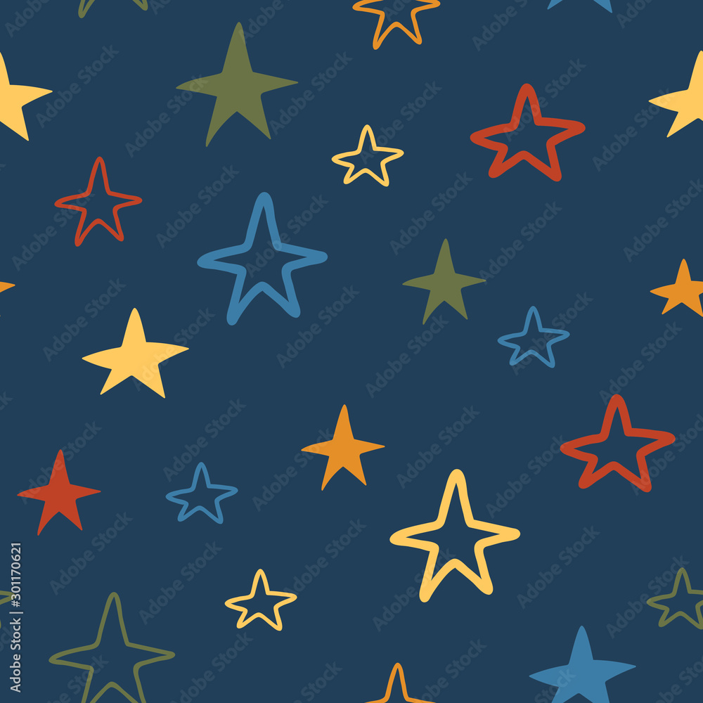 Christmas seamless pattern with stars. Seamless pattern for cards, wrapping papers, posters. Creative hand drawn pattern for winter holidays. Seamless texture for Christmas design
