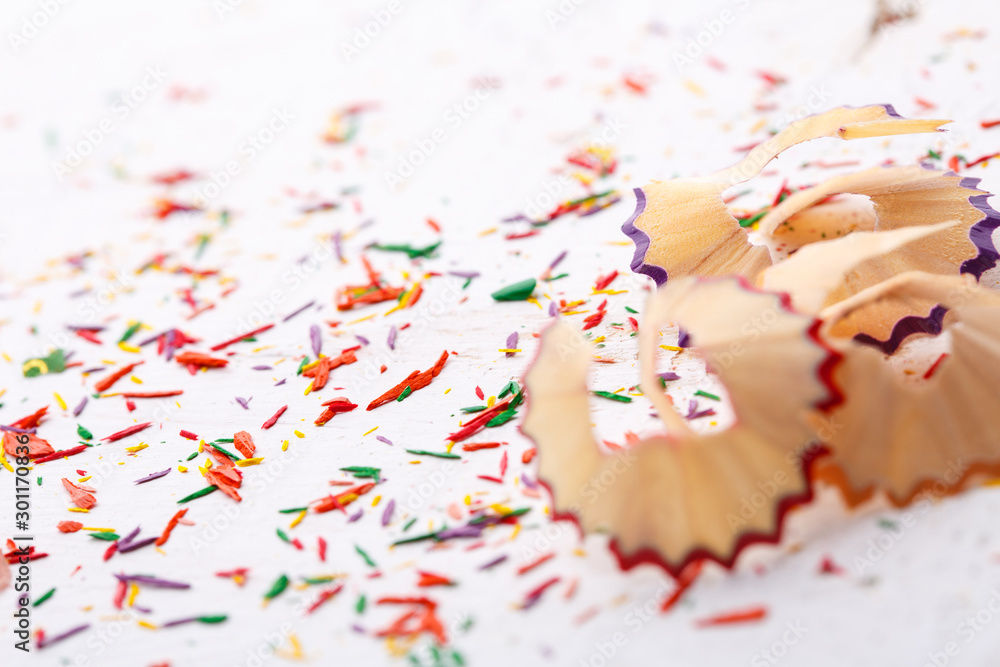 Shavings from colored pencils on a white background Shavings from colored pencils on a white background