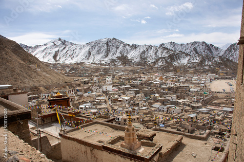 View landscape and cityscape of Leh Ladakh Village with Himalaya mountain range from viewpoint of Leh Stok Palace while winter season in Jammu and Kashmir  India