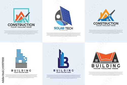 a collection of building construction logos, housing icons, real estate, architect, for elements such as banners, posters, leaflets, websites.