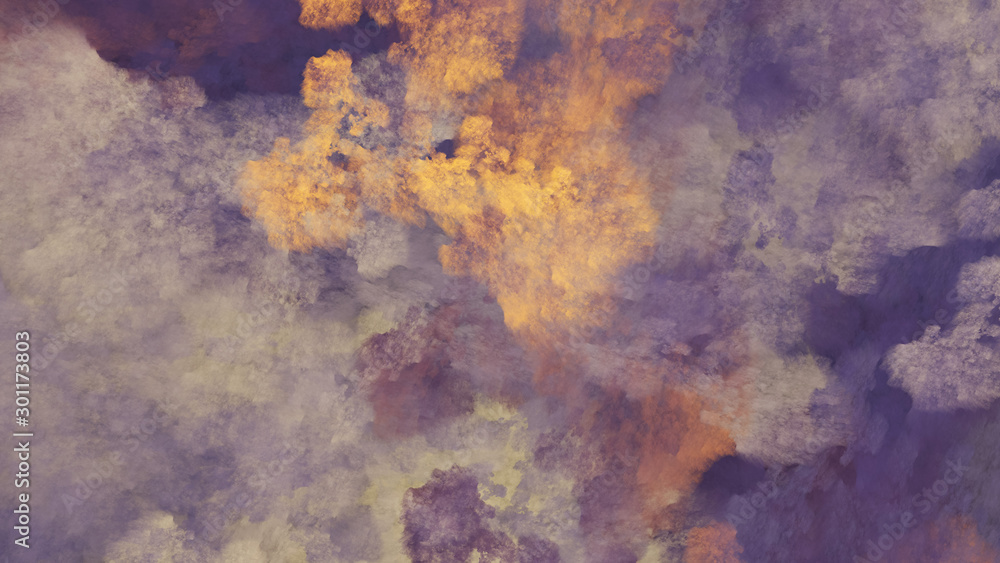 Abstract gold and violet fantastic clouds. Colorful fractal background. Digital art. 3d rendering.