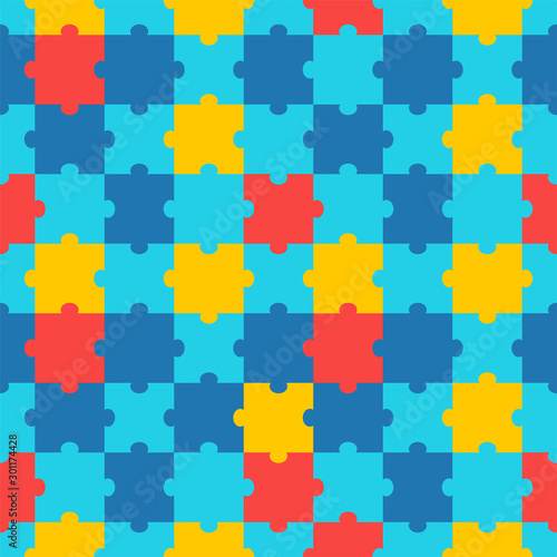 Jigsaw puzzle colorful flat vector seamless pattern. Autism syndrome, ASD awareness texture. Multicolor mosaic pieces decorative backdrop. Wallpaper, textile, wrapping paper cartoon design
