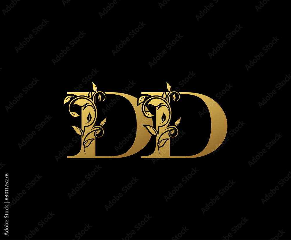 Fototapeta Golden letter D and DD vintage decorative ornament emblem badge, overlapping monogram logo, elegant luxury gold color on black background.