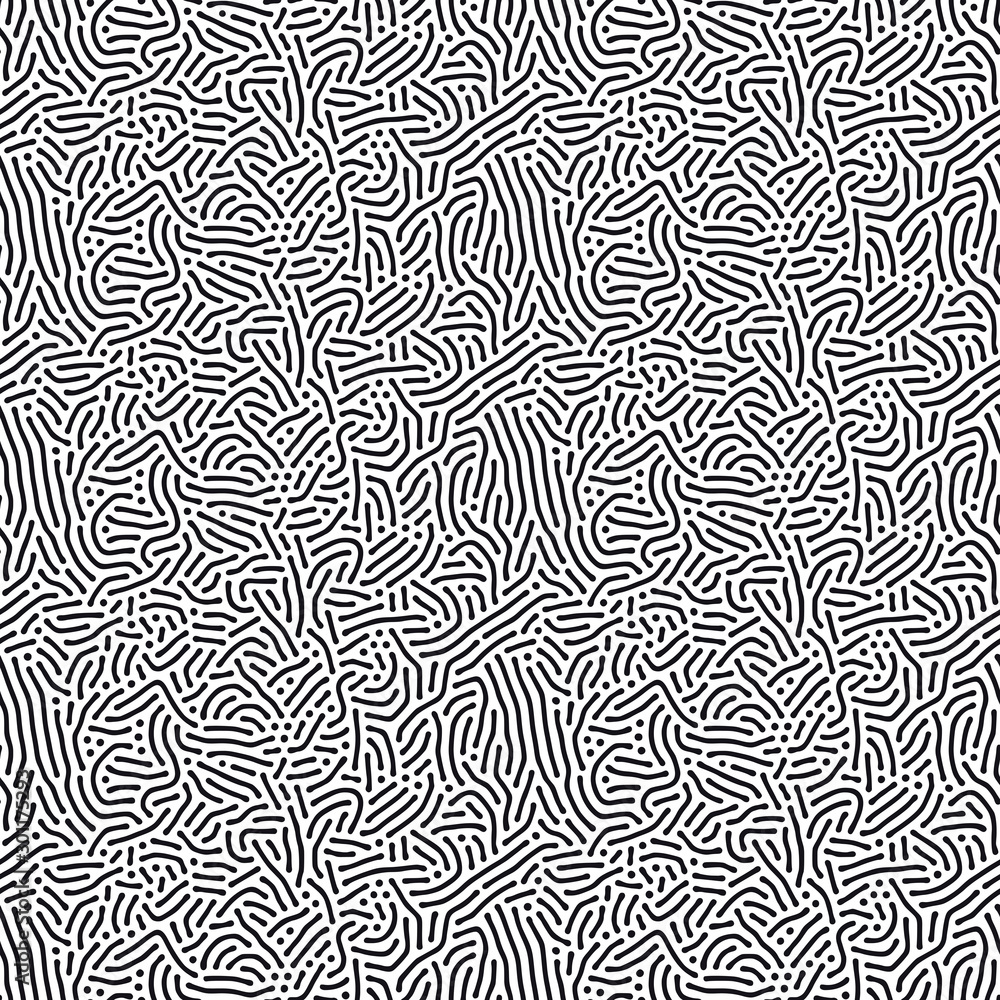Organic background with rounded lines. Diffusion reaction seamless pattern. Linear design with biological shapes. Abstract vector illustration in black and white.