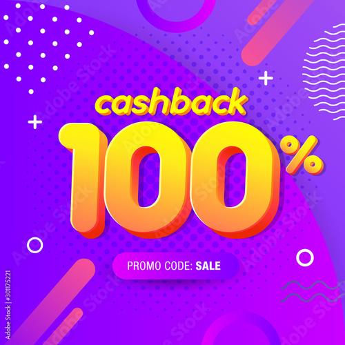 modern Banner design template with 100% cashback offer. Vector illustration for promotion discount sale advertising