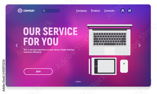 Website header for mobile application, mobile application for freelancer or designer, work table and tools