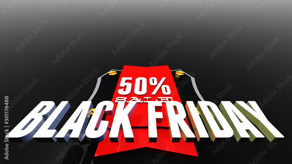 Obraz premium Black friday 50 percent sale label with ribbon and badge or tag for flyers and banners. 3D illustration