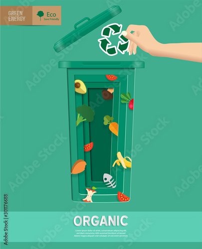 Recycle waste bins infographic, Waste types segregation recycling concept about with paper,organic,plastic on paper craft die-cut.Green and Sustainable, vector illustration,ecology conceptual design. 