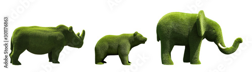 Εκτύπωση καμβά Beautiful elephant, bear and rhinoceros shaped topiaries isolated on white