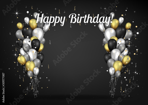 Photography Golden black and silver elegant happy birthday card  with realistic balloons