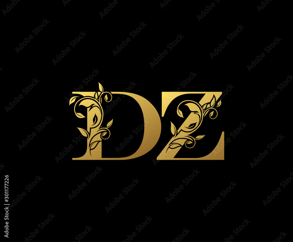 Fototapeta Golden letter D and S, DS vintage decorative ornament emblem badge, overlapping monogram logo, elegant luxury gold color on black background.