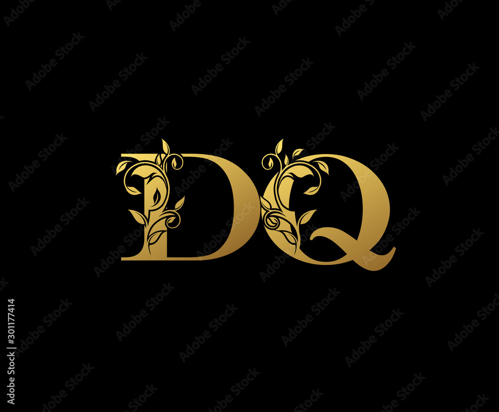 Fototapeta Golden letter D and Q, DQ vintage decorative ornament emblem badge, overlapping monogram logo, elegant luxury gold color on black background.