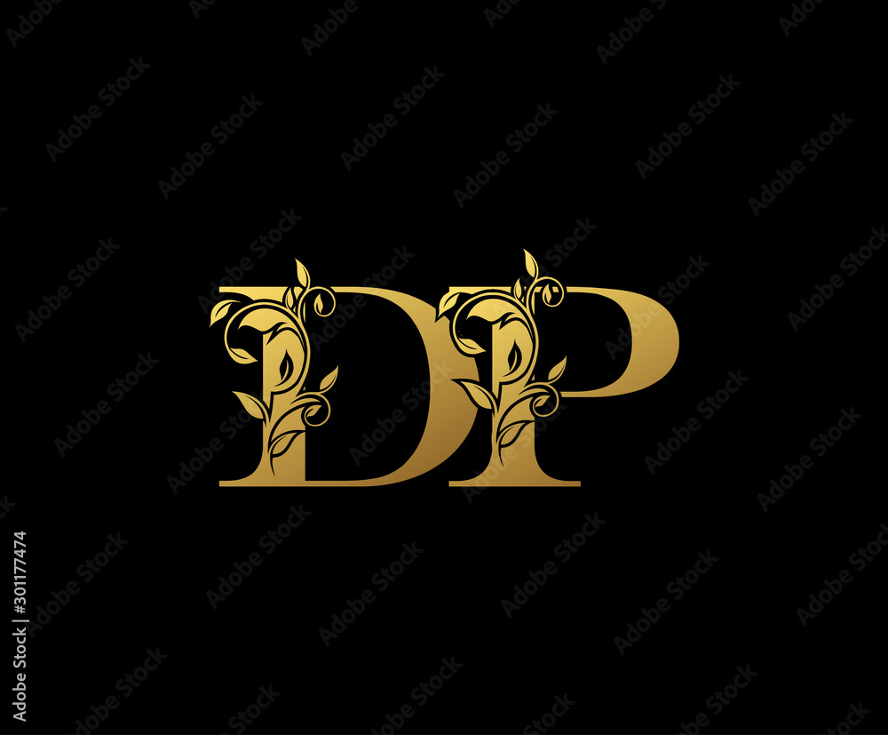 Fototapeta Golden letter D and P, DP vintage decorative ornament emblem badge, overlapping monogram logo, elegant luxury gold color on black background.