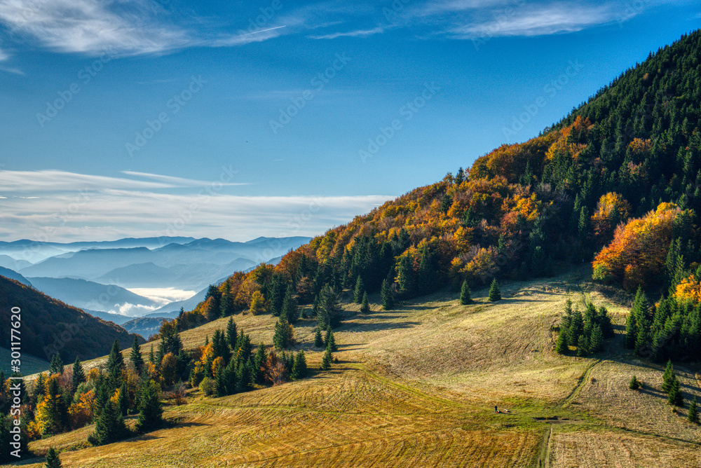 Fall colored valley with fog and mountains around