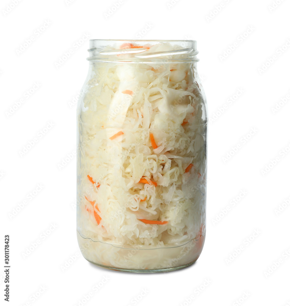 Glass jar of tasty fermented cabbage isolated on white Glass jar of tasty fermented cabbage isolated on white