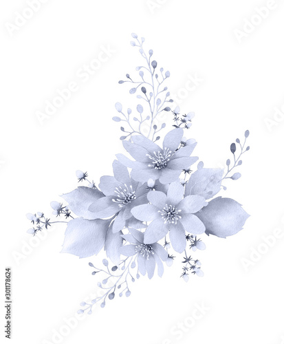 Fantasy floral composition of grey  silver  abstract stylized flowers and herbs hand drawn in watercolor isolated on a white background. Watercolor monochrome illustration. Fantasy floral composition