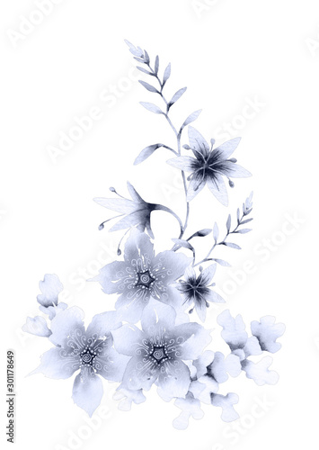 Fantasy floral composition of grey (silver) abstract stylized flowers and herbs hand drawn in watercolor isolated on a white background. Watercolor monochrome illustration. Fantasy floral composition © Tatiana