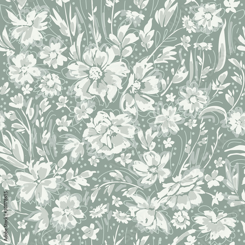 Monochrome cute floral seamless pattern with daisies, briar and wild flowers