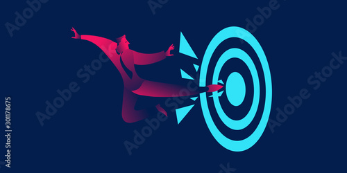 Businessman aiming the target, reaching the goal concept in red and blue neon gradients
