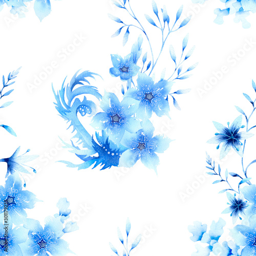 Seamless pattern of blue abstract stylized flowers, herbs and branches hand drawn in watercolor isolated on a white background. Watercolor monochrome illustration. Repeat 5000x5000px 