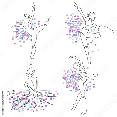 Dancer silhouette poses with glitter. For dance studio logo, promo poster, dress shop or contemporary, stretching class flyer, business identity