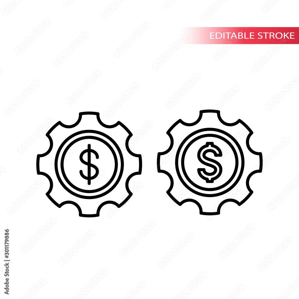 Cogwheel and dollar coin simple thin line vector icon. Gear and dollar cent coin outline icon set. Cogwheel and dollar coin simple thin line vector icon. Gear and dollar cent coin outline icon set.