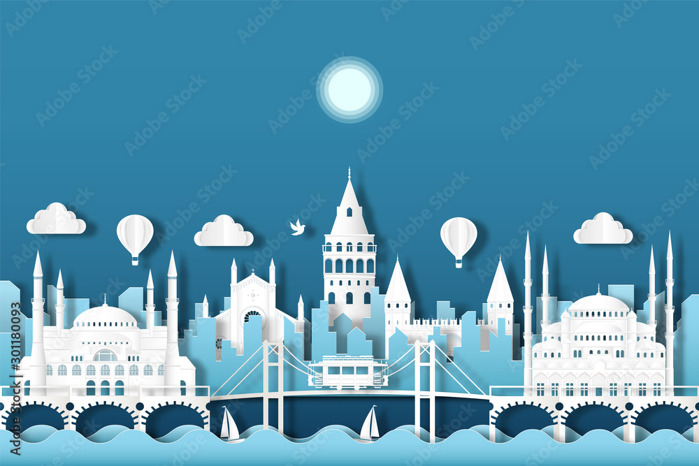 Naklejka premium Travel turkey architecture of istanbul landmark in turkey cityscape and the river with panoramic views , origami style paper for travel postcards, Vector illustration.