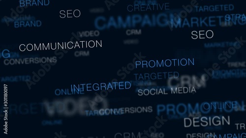 Marketing Word Cloud Flythrough Loop. Abstract animated background through floating clouds of keyword text.