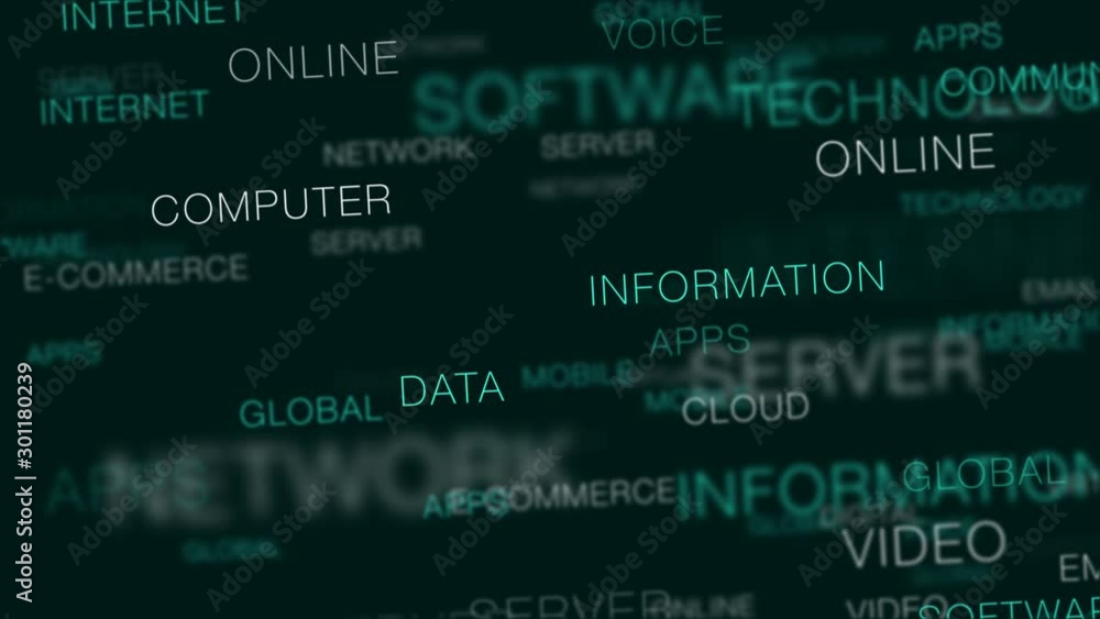 Technology Concept Word Cloud Flythrough Loop. Abstract animated background through floating clouds of keyword text. Technology Concept Word Cloud Flythrough Loop. Abstract animated background through floating clouds of keyword text.
