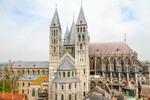 Notre-Dame de Tournai towers, Cathedral of Our Lady, Tournai, Walloon municipality, Belgium photo