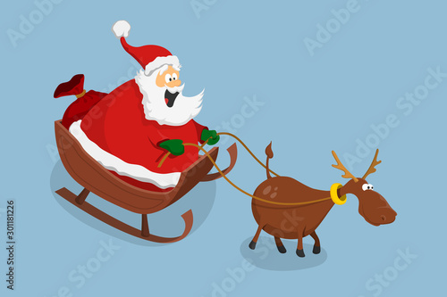 Santa Claus and deer in cartoon style. Sled with New Year's gifts. Isolated image of christmas characters