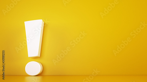 Big white exclamation mark on a yellow background. 3D Rendering
