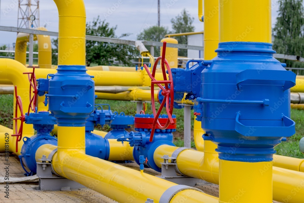 Gas pipeline and auxiliary equipment at the gas pumping station. - obrazy, fototapety, plakaty 