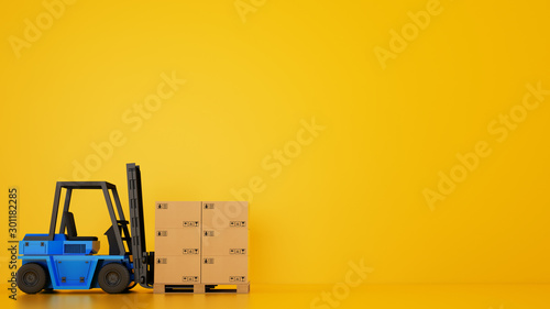 Electric blue forklift loads a wooden pallet with boxes on yellow background photo