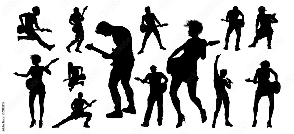 A set of guitarist musicians in detailed silhouette playing their guitars.