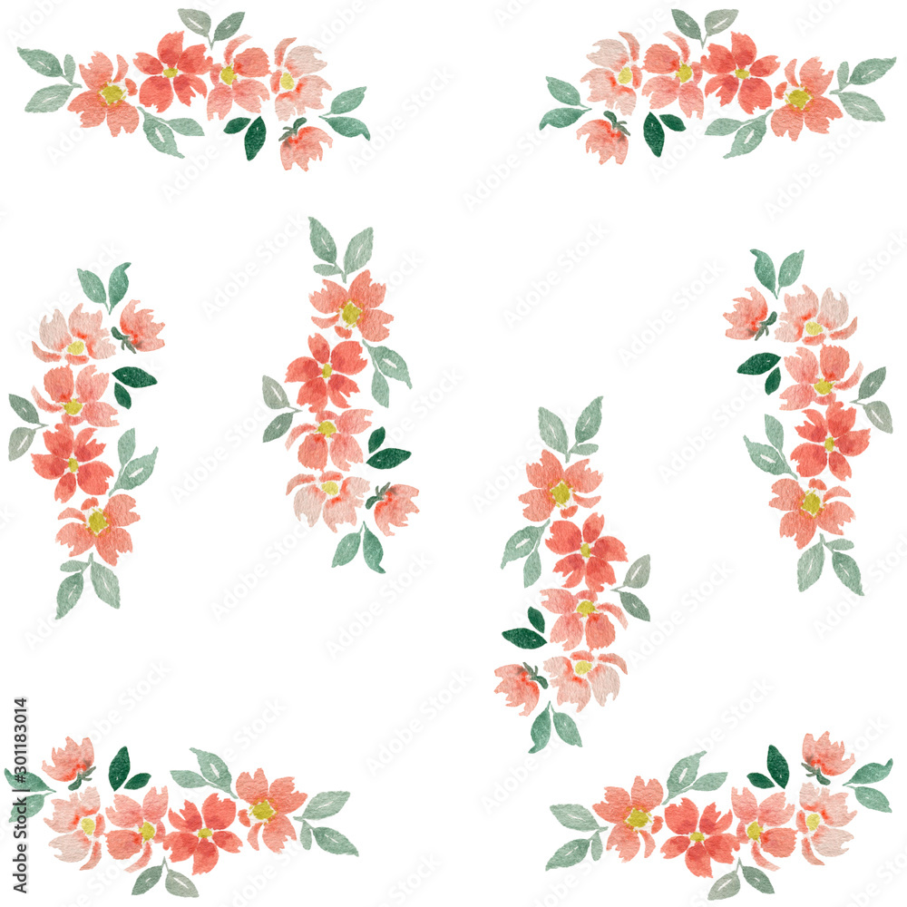 set of watercolor floral elements isolated on white, hand painted flower composition