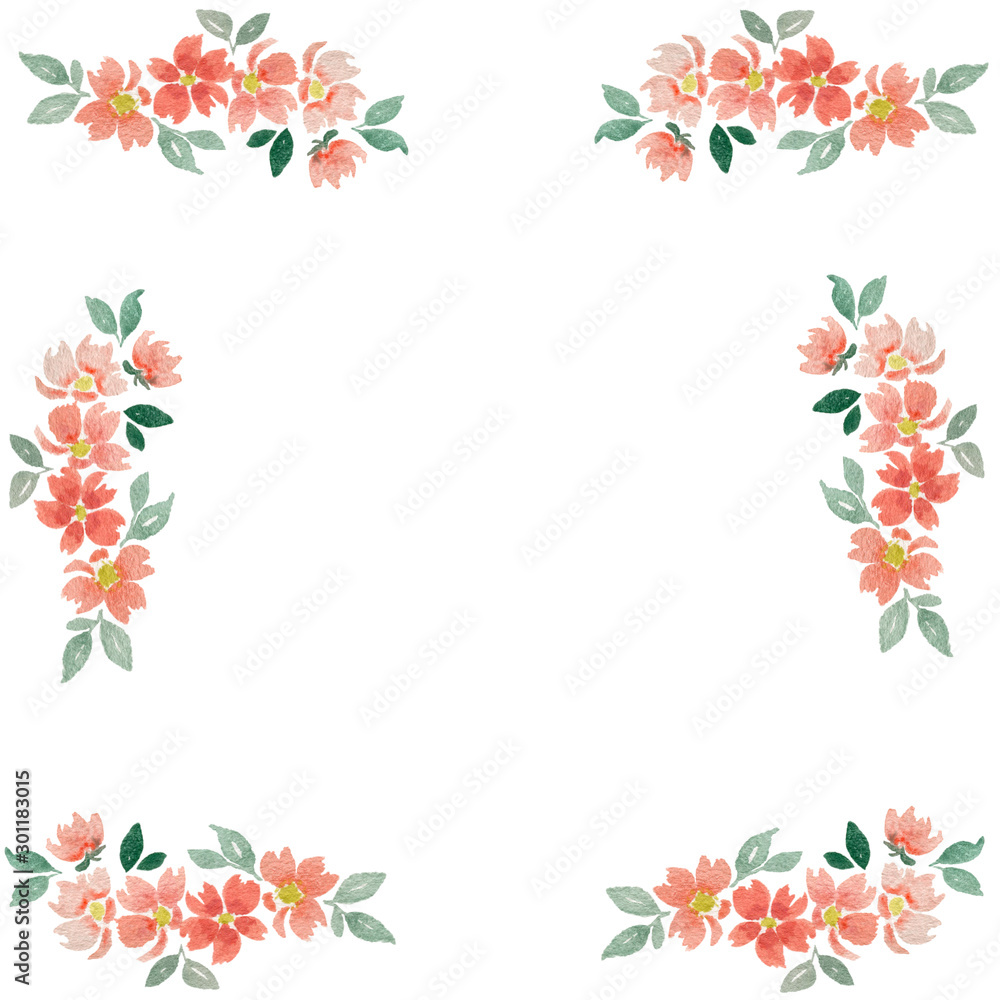 watercolor floral frame, orange flower decoration isolated on white