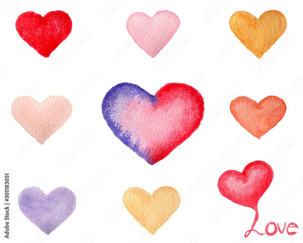 set of watercolor hearts isolated on white background, colorful hearts design element