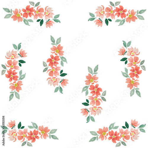 set of watercolor floral elements isolated on white, hand painted flower composition