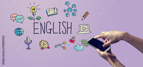 Learning English concept with person holding a white smartphone
