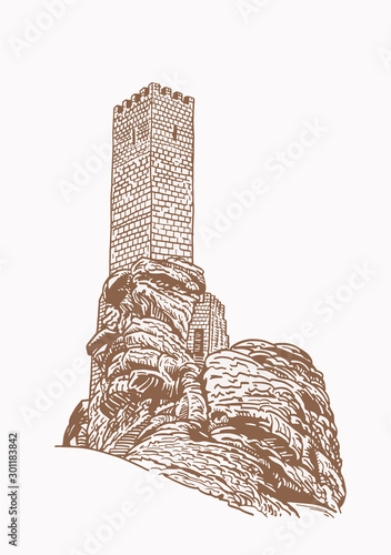 Graphical zafra castle from Spain ,sepia background,vector illustration 