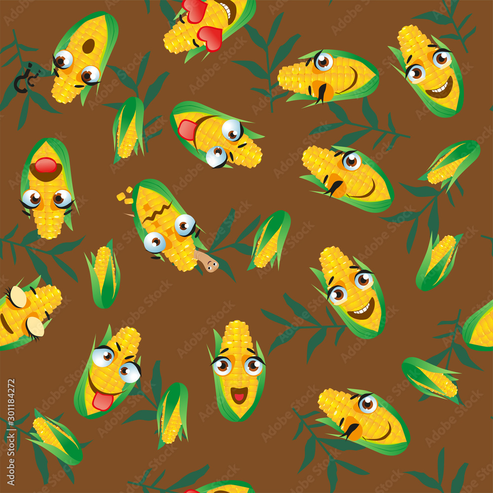 Cute seamless pattern with cartoon emoji corn