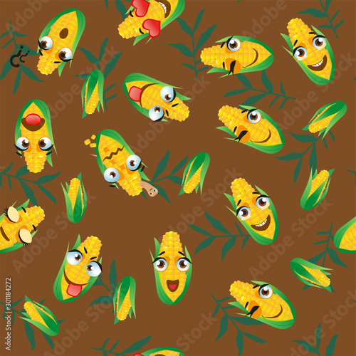 Cute seamless pattern with cartoon emoji corn