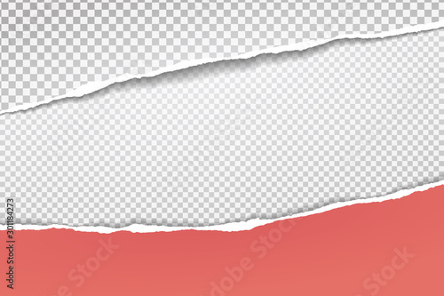 Pieces of torn  white and red realistic horizontal paper strips with soft shadow are on squared background. Vector illustration