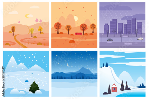 Calendar set landscape winter, autumn in flat minimal simple style